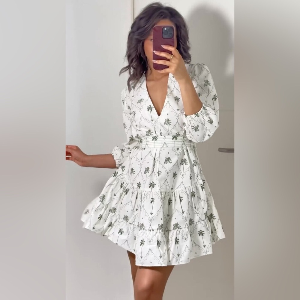 Zara Collection Short Printed Dress White Light Green Size Medium